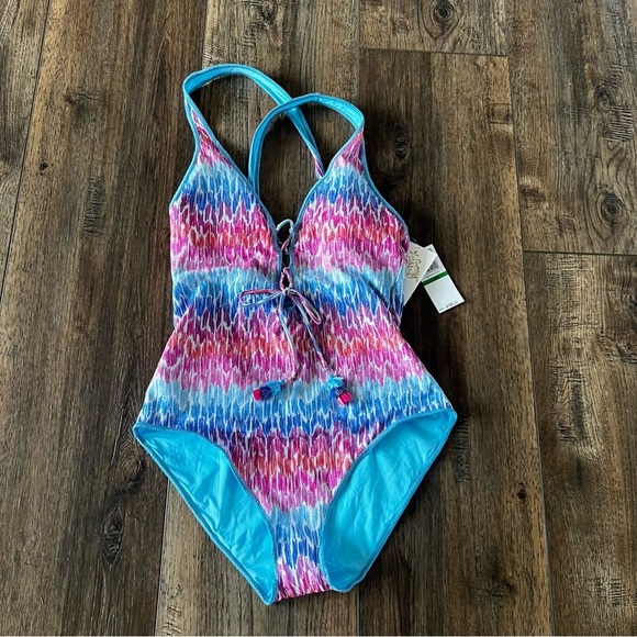 New BECCA Women’s Joshua Tree One Piece Swimsuit Plunge Neck Corset Size Large - Picture 4 of 9